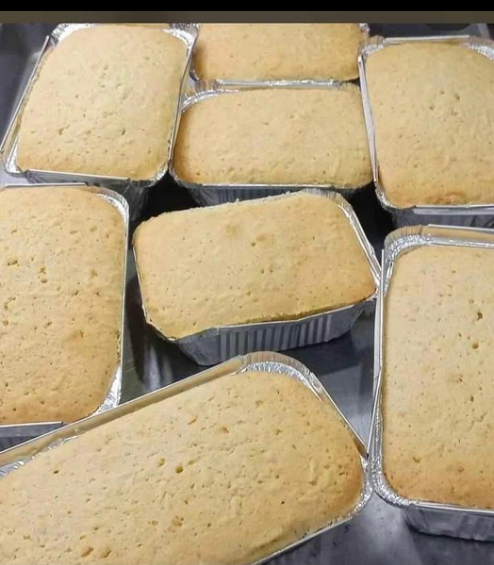 Freshly baked ready to eat foil cakes in loaf pans